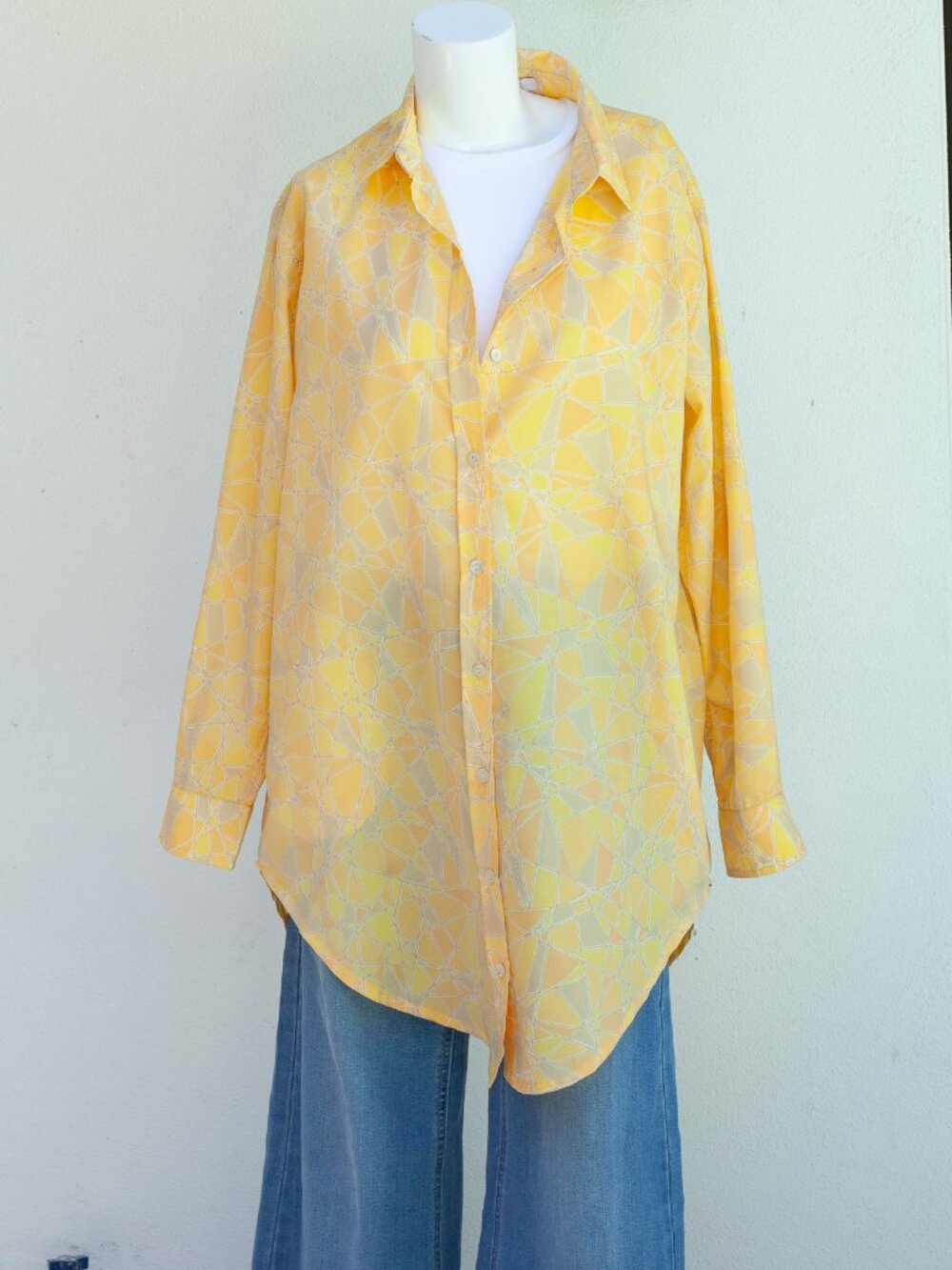 AMARIS - Brigitte Geometic Print Silk Tunic Shirt Dress in Yellow - One Size